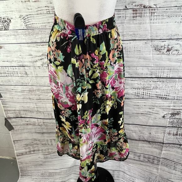 Elementz Skirt sz Large Black Pink Green Floral Sheer Knee Ruffle Modest Wedding - Picture 8 of 9